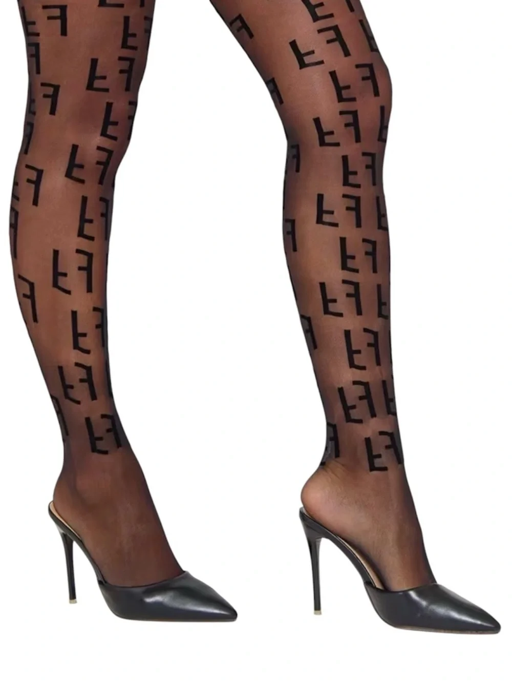 F Logo Pattern Sheer Tights - Black